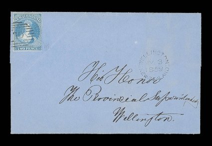 1859 (3 May) entire from Wellington and addressed locally to The Provincial Superintendent, bearing 2d. blue with good to very large margins and neatly cancelled 10,
Wellington c.d.s. towards right entire with corner crease clear of the