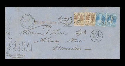 1862 (13 Mar.) double rate envelope (220x99mm.) registered from Wellington to Dunedin, bearing 2d. blue (2) and 6d. brown (2), all with margins generally all round, cancelled
with three clear strikes of the 10 obliterator and showing, alongside