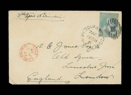 1858 (7 Apr.) envelope from Dunedin to London, bearing 1- blue-green with small to good margins clearly cancelled 18 and additionally tied by a superb strike of the
dunedinnew-zealand c.d.s., London Paid arrival c.d.s. (2.7) in red at