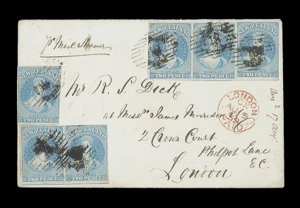 1859 (28 May) envelope from Otago pr Mail Steamer to London, bearing 2d. pale blue horizontal strip of three, a pair and a single, mainly with clear to very large margins and
cancelled 18, showing London Paid arrival c.d.s. (9.8) in red a