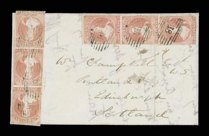 1860 (28 June) entire from Otago to Edinburgh, bearing 1d. dull orange vertical strips of three (2), both with margins mainly all round, each stamp clearly cancelled 18,
despatch and arrival (20.9) c.d.s. on reverse both strips crossed by heav