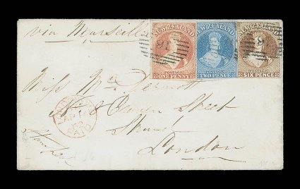 1862 (6 Feb.) envelope from Lyttelton via Marseilles to London, bearing 1d. dull orange, 2d. pale blue and 6d. brown, all with clear to large margins mainly all round, all
slightly overlapping and clearly cancelled 16, London Paid c.d.s.