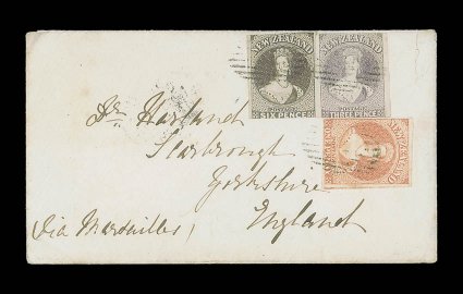 1863 (7 Sept.) envelope from Napier via Marseilles to Scarborough, bearing 1d. dull orange with clear to very large margins, in combination with 1862 3d. brown-lilac and 6d.
brown, both with three margins, all lightly cancelled 11 and sho