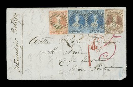 1861 (7 May) entire letter from Auckland to Cape Breton, originally franked with 6d. brown, marked Detained for postage and showing manuscript 5 in magenta ink for 5d.
collected in cash, subsequently franked with 1d. dull orange and 2