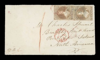 1862 (31 Mar.) envelope from Auckland to Charles Stewart at Brackley Point Road, bearing 6d. brown (2), both with mainly good to large margins, placed sideways and twice
cancelled 1, showing manuscript 5 in magenta ink, large manuscript 