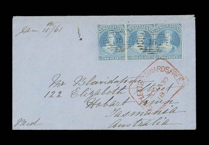 1861 (11 Jan.) envelope from Nelson to Hobart, bearing 2d. blue horizontal strip of three with clear to very large margins nearly all round and twice cancelled 15, showing
fine ship letter inwards, free boxed d.s. (30.1) in red applied on