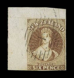 6d. brown, an upper left corner example with a very clear impression of the overlap in the upper margin, 5-10mm. sheet margins, good regular margins on the other two sides,
neatly cancelled 1 small repair in lower right corner, nevertheless a