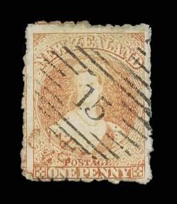 1d. dull orange, a huge example with the roulettes virtually intact on all sides and executed leaving the design intact except at foot where just touched by a few roulettes,
cancelled with a superb strike of the 15 obliterator at Nelson and wit