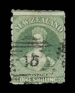 1- dull emerald-green, a large and well-centerd example with the design virtually intact, clearly cancelled 15 at Nelson minor thinning at top which in no way detracts from
the very fine appearance of this extremely rare stamp. One of the fin
