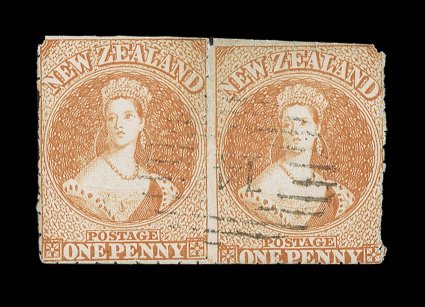1d. dull orange, a horizontal pair with the roulettes intact between, at top, at foot and largely evident on the vertical sides, neatly cancelled 14 at Nelson diagonal crease
though of fine appearance. An appealing and very rare multiple. Sc.