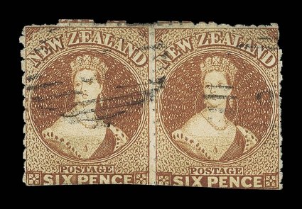 6d. brown, a horizontal pair showing roulettes intact between, on the vertical sides and at top, indistinct cancellations thins at upper corners and cut-into at foot. A very
rare and almost certainly unique multiple. B.P.A. Certificate (1991). S