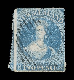 2d. blue showing portion of adjoining stamp at left, serrates intact, or nearly so, on all sides, lightly cancelled 12 at Wanganui (Petre). Almost certainly the finest known
example of this rarity. R.P.S. Certificate (2000). Sc. 8b S.G. 23, £3