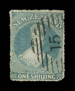 1- blue-green, serrates intact nearly all round, neatly cancelled 15 at Nelson two tears at top and other small defects though an attractive example of this rare stamp. B.P.A.
Certificate (1990). Sc. 10b S.G. 26, £6,500. provenance: 