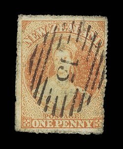 1d. dull orange, serrates all round and neatly cancelled with a superb strike of the 15 obliterator at Nelson soiled and defective though of good appearance. B.P.A.
Certificate (1990). Sc. 7b S.G. 22, £5,000. provenance: H. Gordon Kay