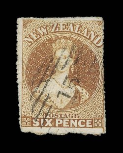 6d. brown, serrates clearly visible or intact on the vertical sides, neatly cancelled 15 at Nelson. A fine example. Rare. R.P.S. Certificate (1934). Sc. 9b S.G. 24, £3,250.
provenance: G.H. Boucher, October 1969