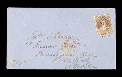 6d. chestnut, serrates nearly all round, clearly cancelled 15 and affixed on 1862 (12 June) envelope from Nelson to London with arrival Paid c.d.s. (22.8) in red on face the
adhesive vertical surface damage, lifted from the envelope and replac