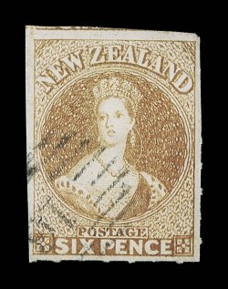 6d. pale brown, roulettes on three sides, those at top being complete and inside the top margin, neatly cancelled 10 at Wellington leaving the face clear ironed crease at top.
Very fine appearance. Rare. B.P.A. Certificate (1991). Sc. 9c S.G.