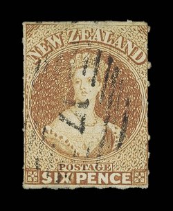 6d. brown, roulettes partially all round, cancelled 17 at Christchurch trace of creasing, otherwise very fine. B.P.A. Certificate (1990). Sc. 9c S.G. 29, £2,750. provenance:
Henry Duveen Charles Lathrop Pack, December 1944 Dale-Lichte