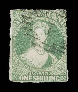 1- dull emerald-green, roulettes mostly all round, neatly cancelled 1 at Auckland repair at top and small thin at left though an attractive example. A rare stamp. R.P.S.
Certificate (2000). Sc. 10c S.G. 30, £4,750. provenance: Chalo