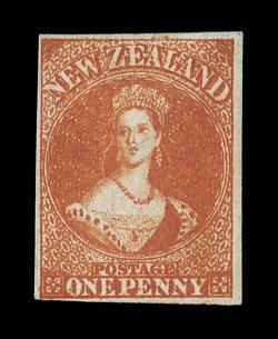1d. orange-vermilion, Row 86 showing re-entry in new zealand and value tablets, fresh unused with part original gum, good to large margins and most attractive. Sc. 11 S.G. 33,
£800. provenance:  Chalon, June 1969