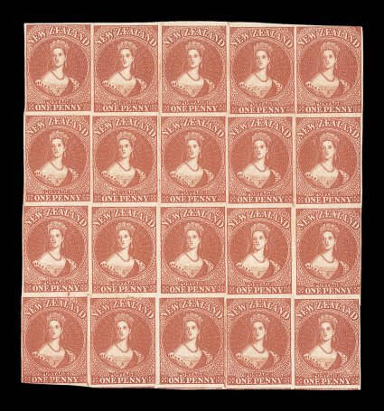 1d. carmine-vermilion, a block of twenty (5x4) being Rows 15-185-9, with Row 185-6 showing original faulty impressions 6.5mm. to left and 0.25 high with marks in the new
zealand and value tablets, fresh vibrant color and with large part o
