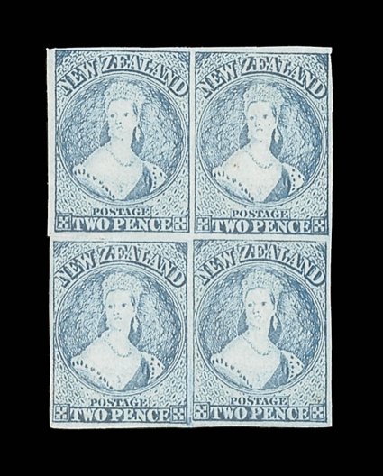 2d. blue, Plate I (very worn), a block of four with large part original gum, clear to very large margins all round horizontal scissor-cut between the rows resulting in a small
diagonal crease in the lower left corner of the upper left stamp, and