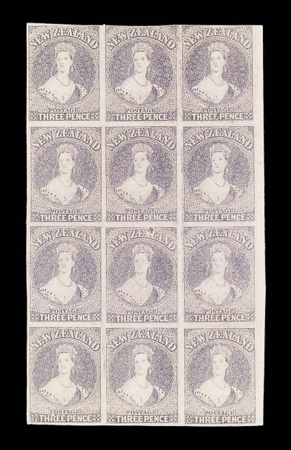 3d. brown-lilac, a block of twelve (3x4) with part sheet margin at right, good to large margins mainly on the other three sides, two stamps with frame-line just shaved at top,
fresh bright color so often lacking on this stamp which is so suscepti