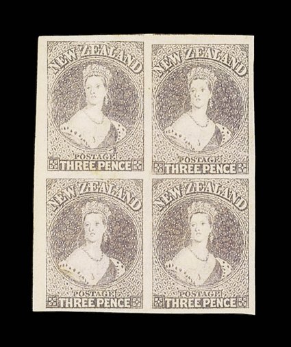 3d. brown-lilac, a marginal block of four with very large margins on the other three sides with a trace of two adjoining stamps at top, part original crackly gum a couple of
small light stains and the upper pair with a horizontal crease though a