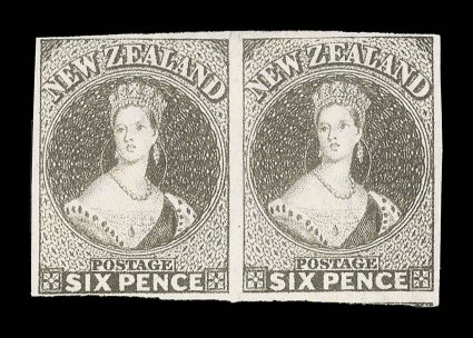 6d. black-brown, a horizontal pair in a bright shade closer in colour to grey-brown, unused without gum, clear to very large margins with the right-hand stamp showing trace of
adjoining stamp at foot. A fine and beautiful looking pair and a very