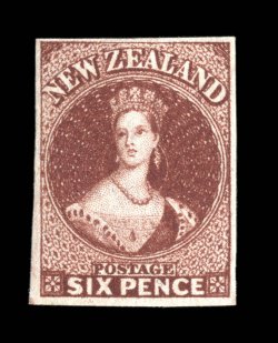 6d. red-brown, unused with part original gum, fresh vibrant color, good to very large margins. In wonderful condition for this scarce stamp. Holcombe (1988). Sc. 14 S.G. 43,
£1,200. provenance: Antipodes, October 1988