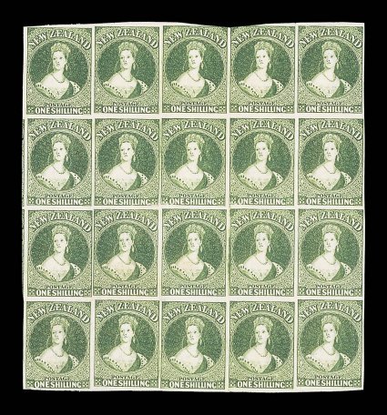 1- green, a block of twenty (4x5) fully illustrating the irregular layout of this plate, lovely deep color, unused with large part original gum, large to very large margins
nearly all round showing portions of three adjoining stamps at left a l
