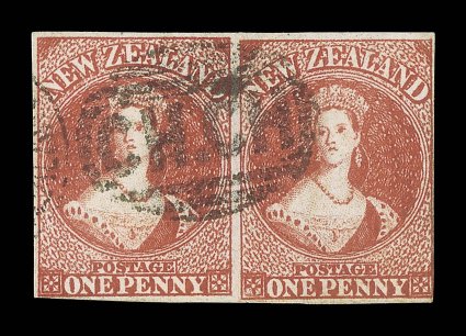 1d. carmine-vermilion, a horizontal pair with clearjust touched to large margins, neatly cancelled with ch.ch portion of Christchurch duplex fine and an unusual cancellation.
Sc. 11d S.G. 35, £550.