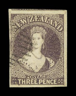 3d. brown-lilac in an outstanding deep rich shade, rarely if ever found on this delicate stamps, large to very large margins showing portion of adjoining stamp at top, small
part cancellation at left leaving portrait almost entirely clear. An exc