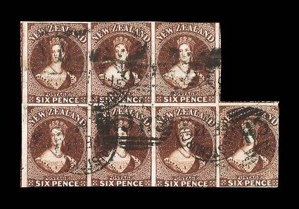 6d. red-brown, a block of seven with large margins at left showing portions of adjoining stamps, and elsewhere in places, cancelled with several strikes of the Christchurch
ch.ch duplex for 13 February 1864 some creasing, particularly on