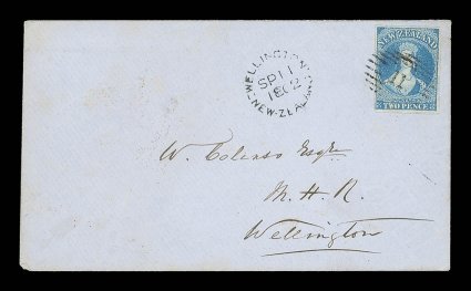 1862 (6 Sept.) envelope from Napier to Wellington, bearing 2d. deep blue with large margins virtually all round and neatly cancelled 11, showing arrival c.d.s. (11.9) at left
and with despatch c.d.s. on reverse. Sc. 12 S.G. 36. Note: The 2d.