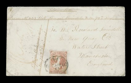 1863 (29 Apr.) soldiers envelope From No. 463Prvt. Samuel Swindells H.M. 70th. Regt. at Otahuhu to Manchester, countersigned by the Commanding Officer and bearing 1d.
orange-vermilion with good to very large margins and exceptionally cance
