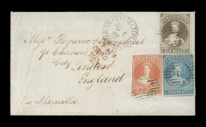 1863 (4 Aug.) ¼oz. envelope from Rangiora to London, bearing 1d. orange-vermilion with good to large margins mainly all round (closed tear at foot), 2d. pale blue Plate 1 (a
little worn) and 6d. brown, both with large margins, each neatly cancell