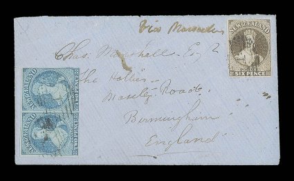 1863 (5 Sept.) envelope (flap missing) from Auckland to Birmingham, bearing 2d. blue (Plate I, very worn) horizontal pair and 6d. brown single, both with good to large
margins, each stamp cancelled 1 and showing, on reverse, despatch and part a