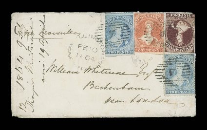 1864 (10 Feb.) envelope (no flap) from Wellington to London, bearing 1d. vermilion, 2d. pale blue Plate 1 (worn) and 6d. red-brown in combination with perf. 12½ 2d. pale blue,
all cancelled 7 and with despatch c.d.s. to left of the franking, ar