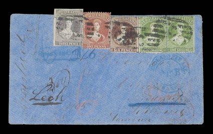 1867 (11 Sept.) envelope registered from Ho Ho to Schleswig, bearing 3d. brown-lilac in combination with 1864-67 1d. carmine-vermilion, 6d. red-brown and 1- yellow-green (2)
sharing manuscript Ho Ho Creek 110967 and all cancelled C in