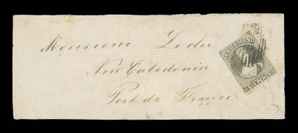 1862 (10 Nov.) envelope from Dunedin to Port du France and apparently carried by private ship, bearing 6d. grey-brown with three close or large margins and indistinctly
cancelled 18, the reverse with clear despatch c.d.s. the envelope ra