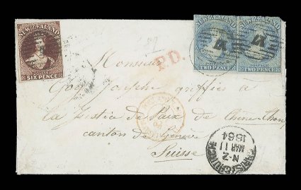 1864 (11 Mar.) envelope from Christchurch to Geneva Canton, bearing 2d. pale blue, Plate 1 (slightly worn) horizontal pair and 6d. red-brown, both with three margins and each
cancelled 17, showing an unidentified c.d.s. additionally tying the p
