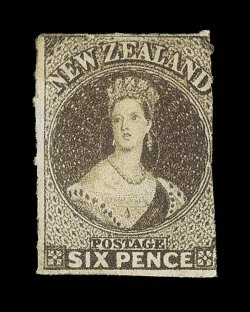 6d. brown, a deep shade with part original gum, roulettes or traces of roulettes on three sides suspicion of soiling in places though of fine appearance. A rare stamp.
Holcombe Certificate (1993). Sc. 14c group S.G. 54, £3,000.