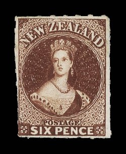 6d. red-brown, unused without gum, fresh vibrant color, roulettes clearly visible on all sides light ink endorsement on reverse. A most attractive example. R.P.S. Certificate
(2000). Sc. 14c S.G. 55, £3,000. provenance: I<Maurice Burrus,