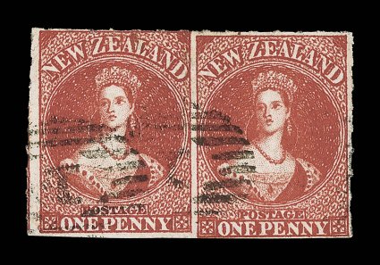 1d. vermilion, a horizontal pair showing the two stamps miss-aligned and with frame-line of adjoining stamp at left, roulettes at top and on the vertical sides, twice
cancelled 1 at Auckland leaving face and parts of portraits clear. A fine and