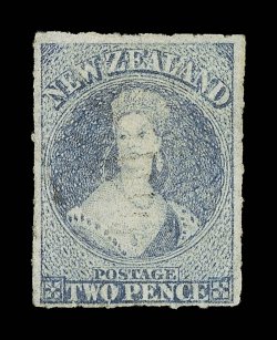 2d. slate-blue, roulettes on all sides, very lightly cancelled light crease at lower right corner which does not affect the very fine appearance of this rare and
delicately-colored stamp. R.P.S. Certificate (1942). Sc. 12c S.G. 50, £800. pro