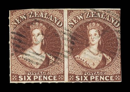 6d. red-brown, a horizontal pair with roulettes clearly showing at left and at foot, light indistinct numeral cancellations 5 ?, fresh bright color and a rare multiple. Sc.
14c S.G. 55, £950+.