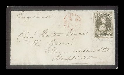 1862 (1 Dec.) mourning envelope from Auckland to Hammersmith, bearing a large and well-centered 6d. black-brown showing portion of adjoining stamp at foot and with roulettes
mainly all round, cancelled 1 and showing London Paid c.d.s. (16.2) al
