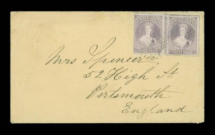 1863 (11 Aug.) envelope from Auckland to Portsmouth, bearing 3d. brown-lilac (2), one huge showing portions of three adjoining stamps, the other large with the design intact
and with three large margins, both lightly cancelled 1, despatch and a