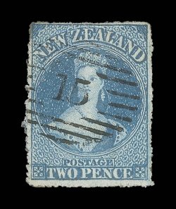 2d. deep blue with serrates nearly all round, well-centred and in a lovely rich shade, crisply cancelled 15 at Nelson small thin at upper left corner, otherwise fine and of
superb appearance for this scarce stamp. Holcombe (1988) and B.P.A. (1